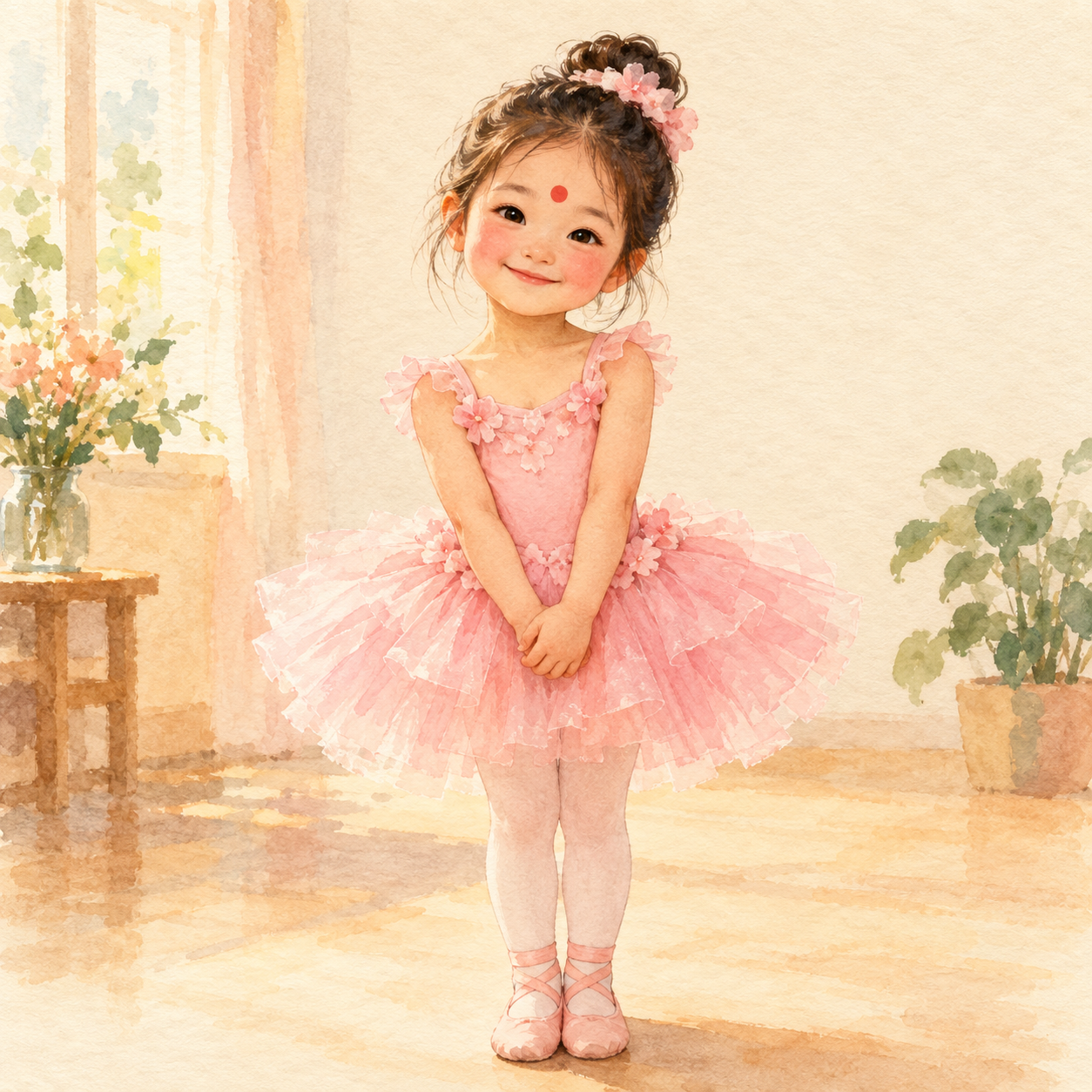 童年记忆插画：穿芭蕾裙、脸颊红红、眉间有红点的小女孩